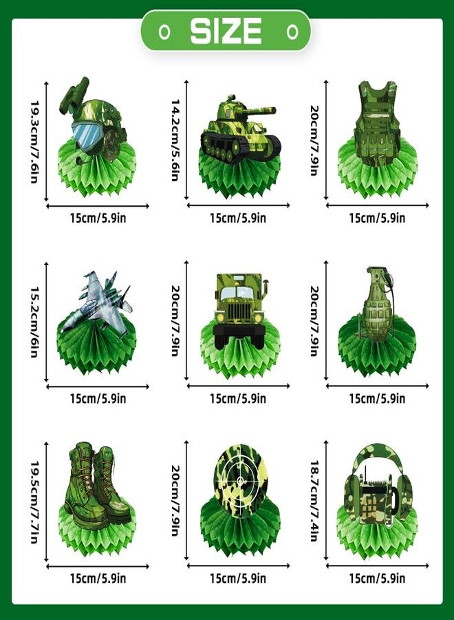 Koeilay 9 Pieces Army Party Decorations Camouflage Birthday Party Military Honeycomb Centerpieces Table Decor Cake Toppers for Birthday Retirement Baby Shower Supplies Photo Prop - Image 2